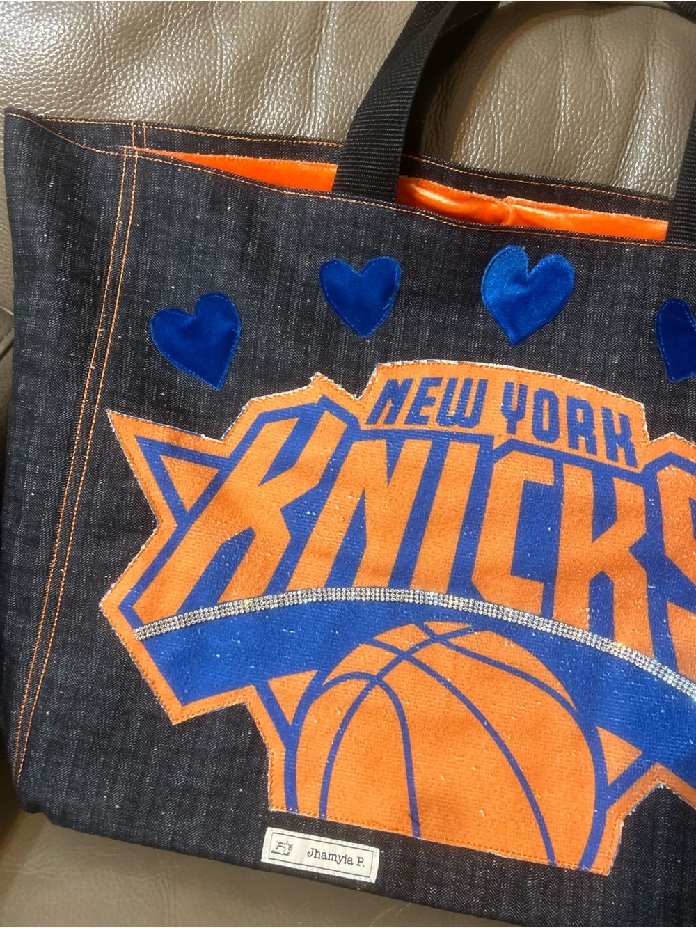 Custom New York Knicks Denim Tote Bag - Orange & Blue - Picture 2 of 6